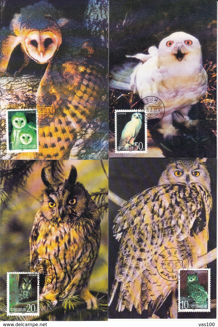 BIRDS, OWLS, CM, MAXICARD, CARTES MAXIMUM, 4X, 1995, CHINA - Hiboux & Chouettes