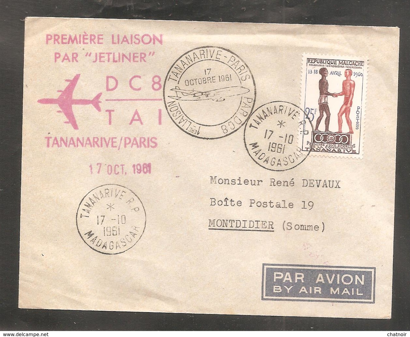 Enveloppe  Premiere Liaison Avion Tananarive Paris  1961 / Tananarive  Madagascar / Messageries Maritimes Pour La Somme - Autres & Non Classés