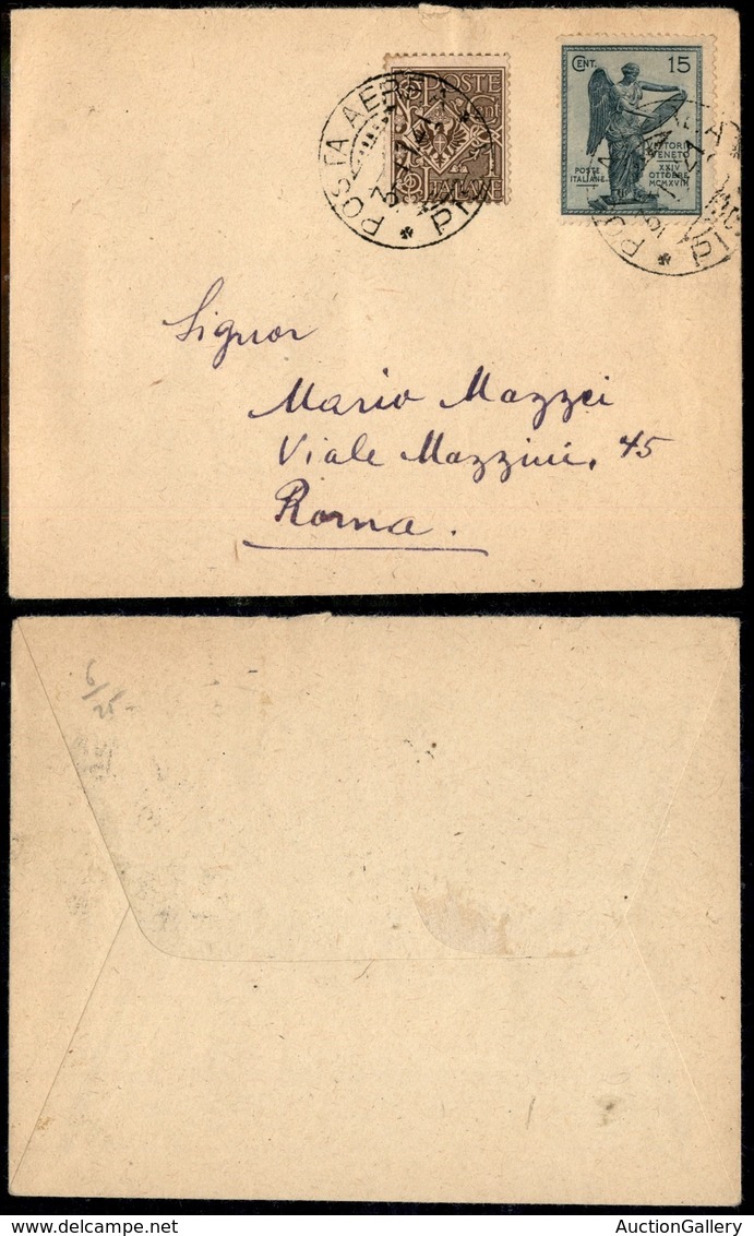 POSTA ORDINARIA - 1921 (3 Novembre) Volo Pisa Roma (Longhi 1218) - 1 Cent (68) + 15 Cent (121) - Molto Raro - Altri & Non Classificati