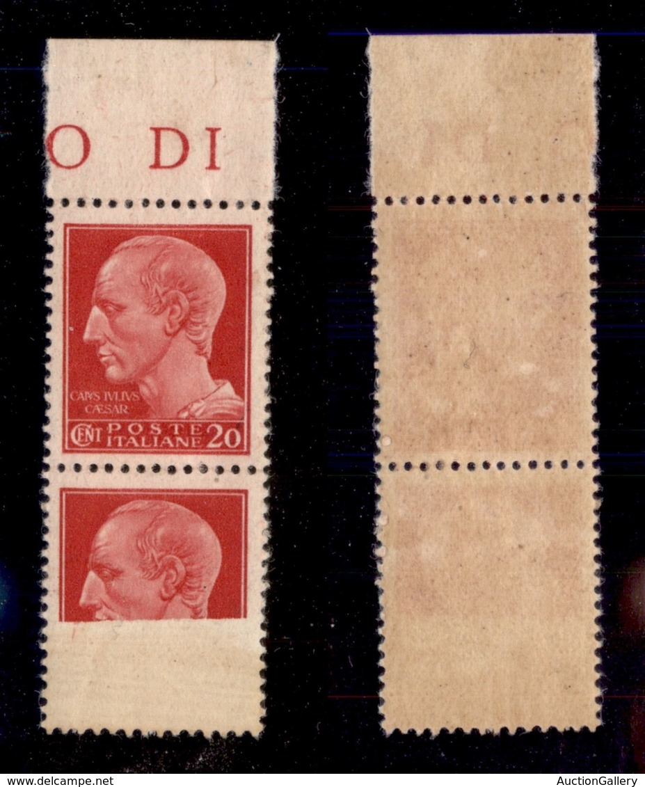 REGNO - POSTA ORDINARIA - 1929 - 20 Cent Imperiale (247 + 247e) - Coppia Verticale Bordo Foglio - Pezzo Inferiore A Stam - Altri & Non Classificati