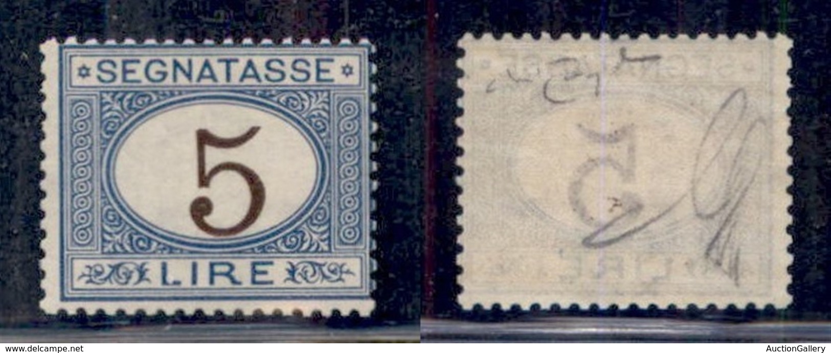 REGNO - SEGNATASSE - 1874 - 5 Lire (13) - Gomma Integra - Cert Raybaudi (1000) - Altri & Non Classificati