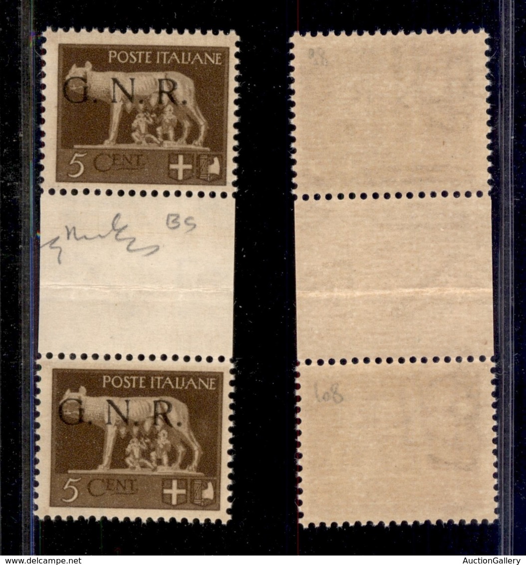 RSI - G.N.R. BRESCIA - 1943 - 5 Cent (470/I) - Coppia Verticale Con Interspazio Al Centro - Gomma Integra - Chiavarello - Altri & Non Classificati