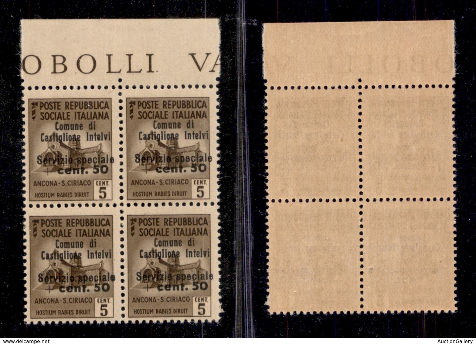 EMISSIONI LOCALI - CASTGLIONE D'INTELVI - 1945 - 5 Cent + 50 (1) - Quartina Bordo Foglio - Gomma Integra (500+) - Altri & Non Classificati