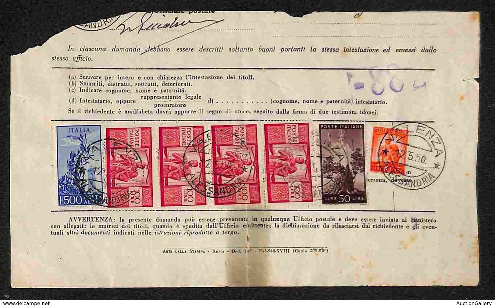 REPUBBLICA - BUONI FRUTTIFERI POSTALI - Duplicazione Buoni Fruttiferi - Affrancatura Per 960 Lire Composta Da Striscia D - Altri & Non Classificati