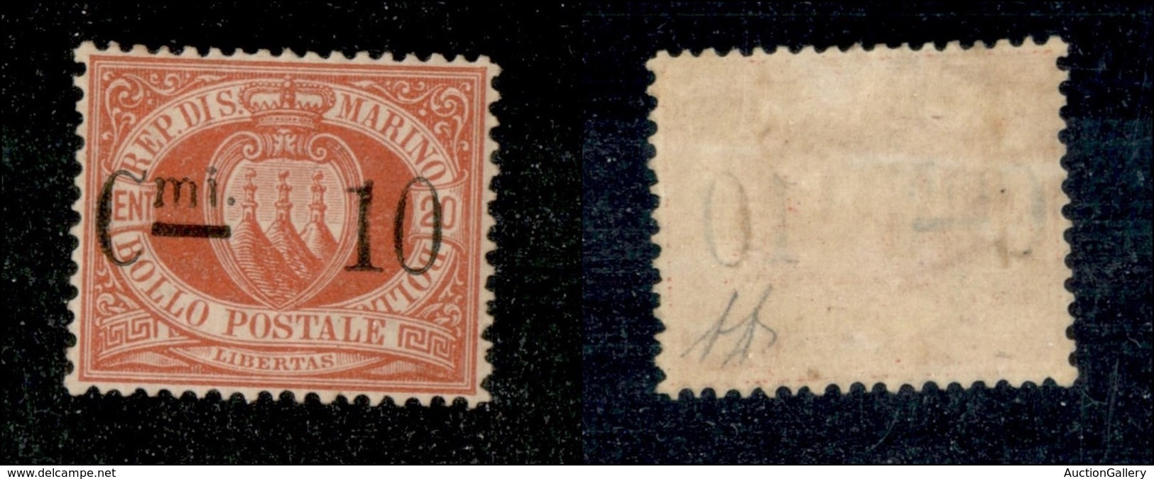 SAN MARINO - POSTA ORDINARIA - 1892 - 10 Cent Su 20 Cent Stemma (10) - Ottimamente Centrato - Nuovo Con Gomma (360) - Altri & Non Classificati