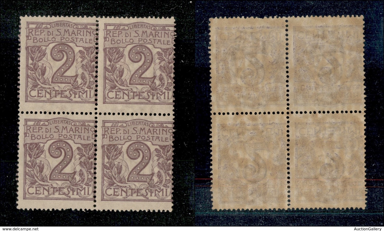 SAN MARINO - POSTA ORDINARIA - 1903 - Quartina Del 2 Cent Cifra (34) - Gomma Integra (350) - Altri & Non Classificati