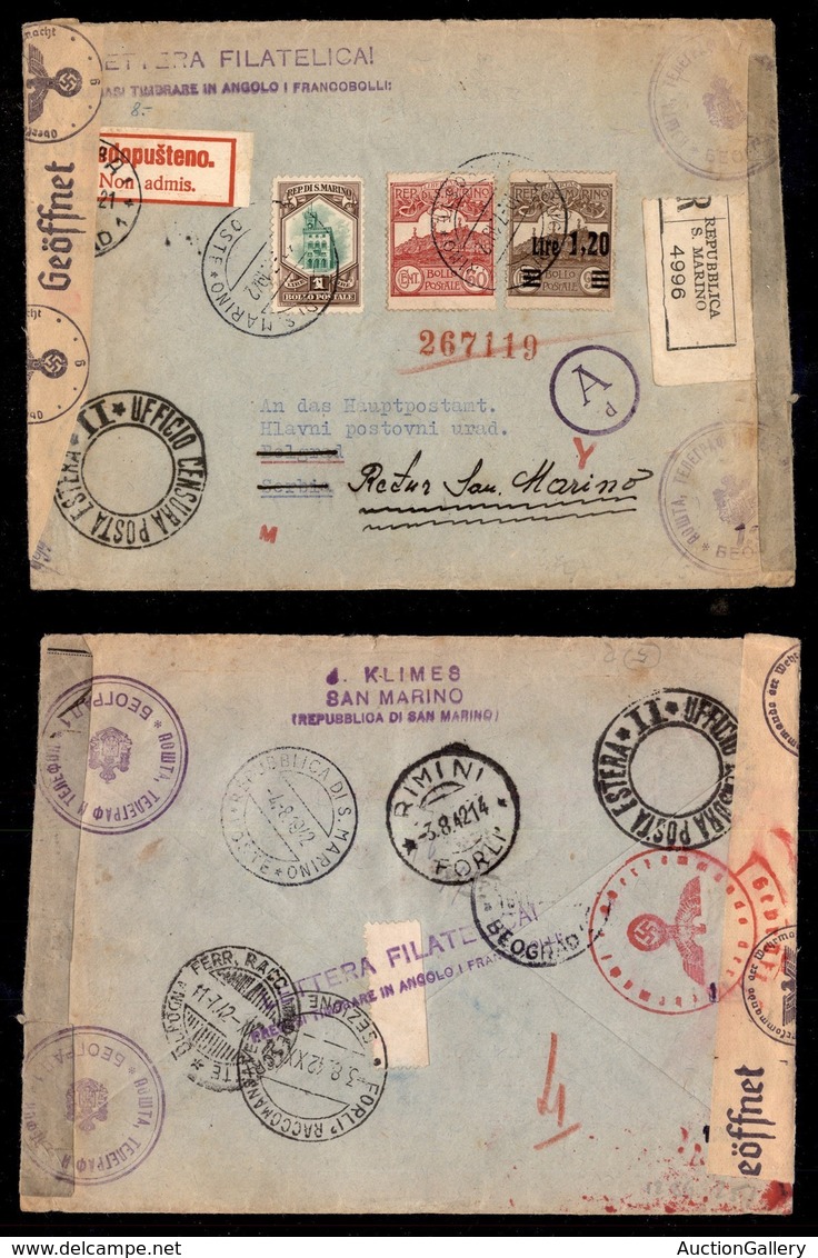 SAN MARINO - POSTA AEREA - Lettera Filatelica Raccomandata Da San Marino Per Belgrado Del 10.7.42 - Affrancata Con 60 Ce - Altri & Non Classificati