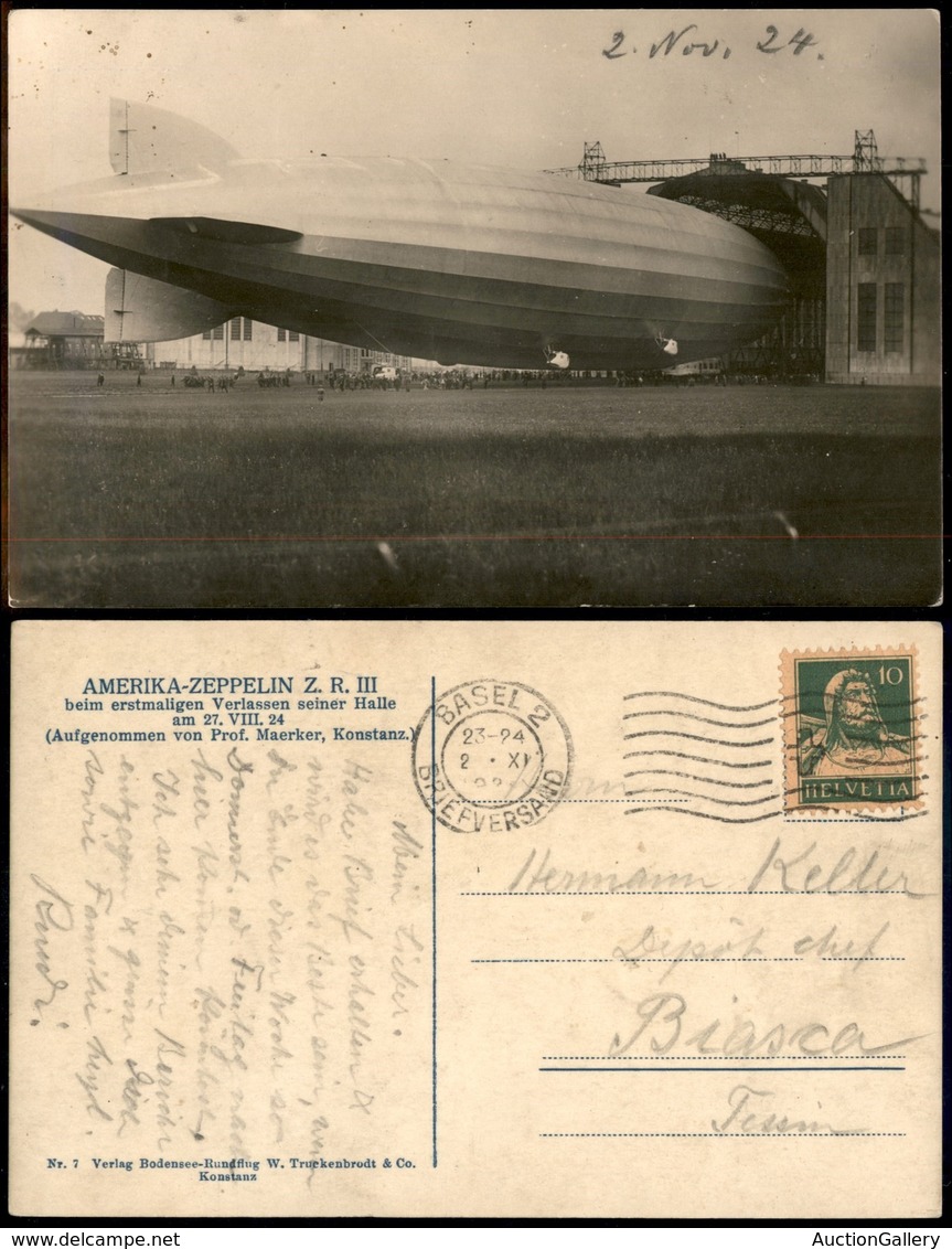 CARTOLINE - AEROFILIA - 1924 (2 Novembre) - Zeppelin ZR III - Cartolina Da Basilea Per Biasca - Altri & Non Classificati