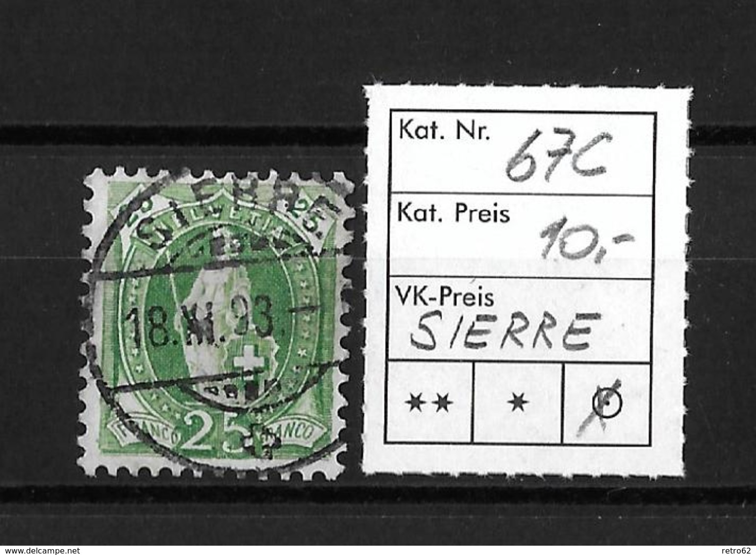 1891-1898 STEHENDE HELVETIA (gezähnt) → Weisses Papier Kontrollzeichen Form A /13 Zähne Senkrecht  ►SBK-67C (SIERRE)◄ - Oblitérés