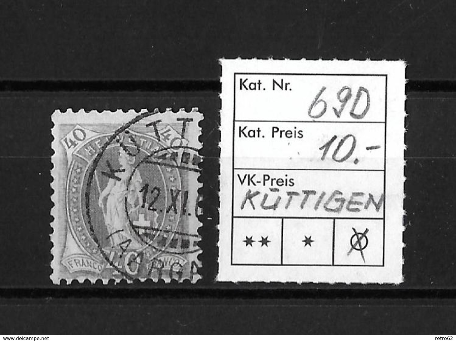 1894-1900 STEHENDE HELVETIA (gezähnt) → Weisses Papier Kontrollzeichen Form B /13 Zähne Senkrecht  ►SBK-69D (KÜTTIGEN)◄ - Oblitérés