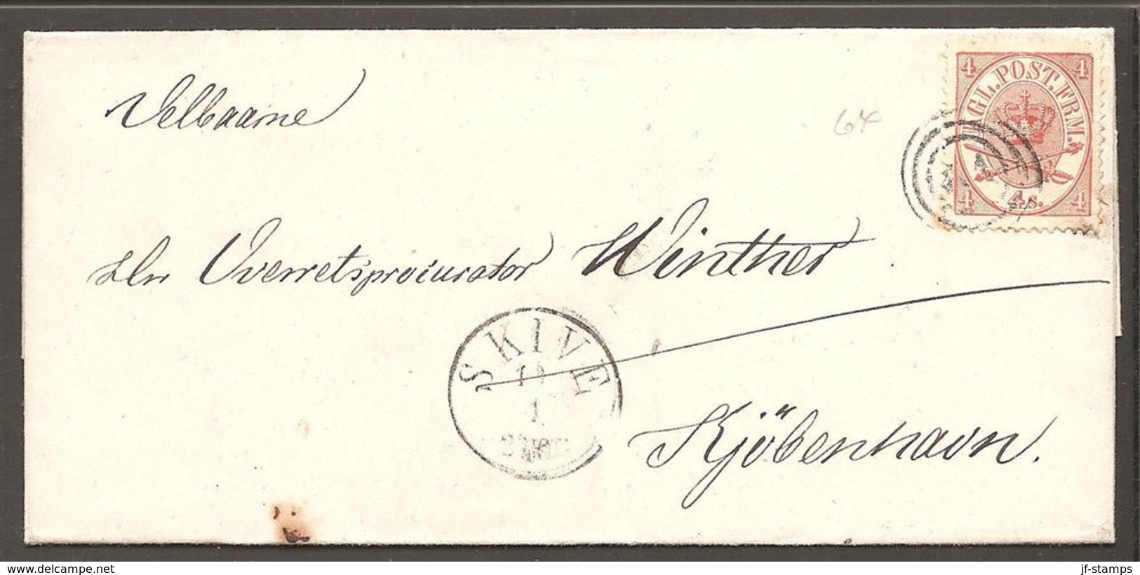 1865. Large Oval Type. 4 Skilling Bright Red. Perf. 13x12½ 64. SKIVE 19 1 2 TOG. (Michel 13Aa) - JF120535 - Lettres & Documents