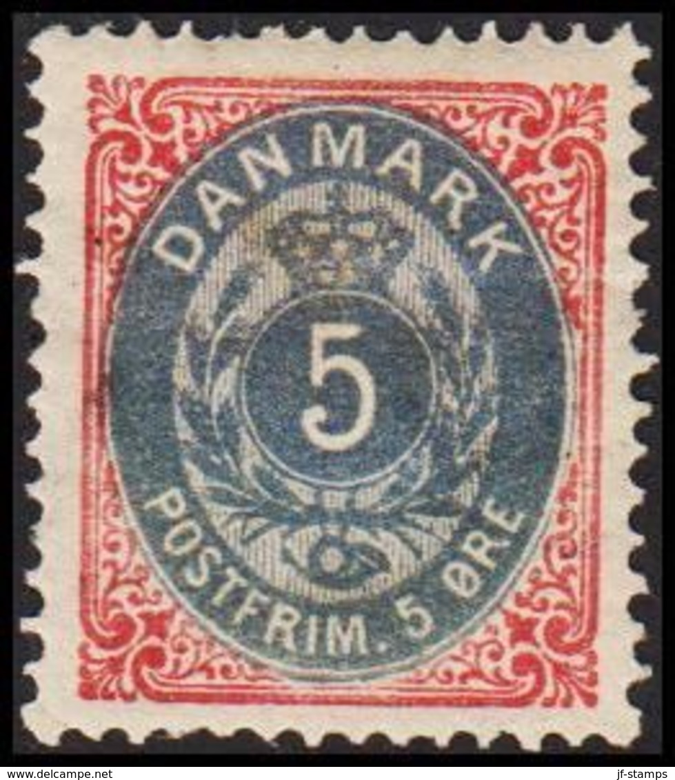1875-1903. Bi-coloured. 5 Øre Rose/blue  (Michel 24) - JF317318 - Ungebraucht