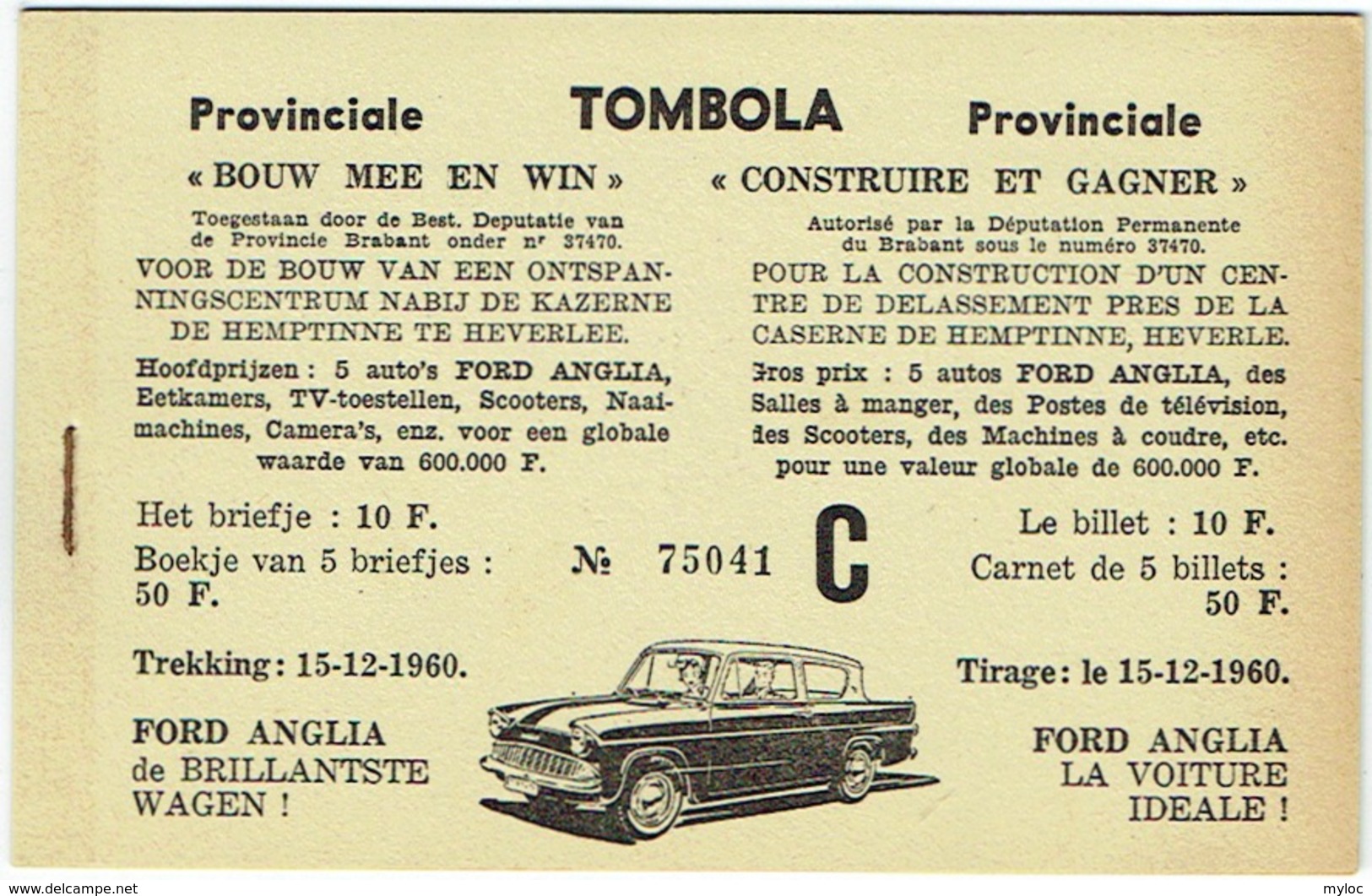 Tombola. Carnet De 5 Billets "Bouw Mee En Win" Heverlee. Ford Anglia. Boekje Van 5 Briefjes. 1960. - Billets De Loterie