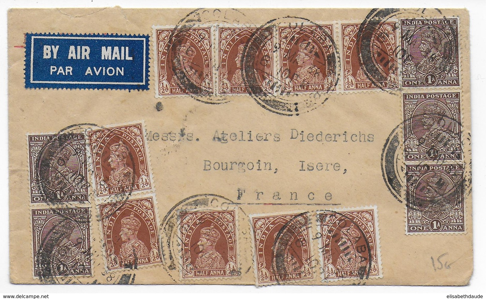 INDIA - 1938 - ENVELOPPE Par AVION De COLABA => BOURGOIN - 1936-47 Koning George VI