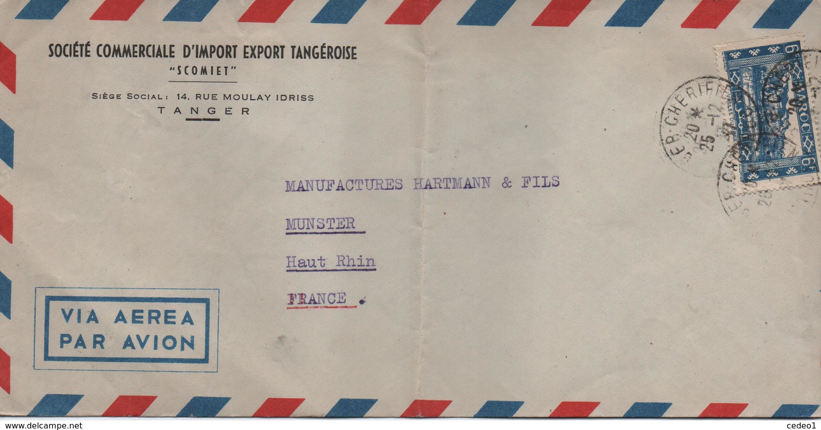 MAROC    LETTRE TIMBREE  SCOMIET  14 RUE MOULAY IDRISS  TANGER  CACHET 1947 - Briefe U. Dokumente
