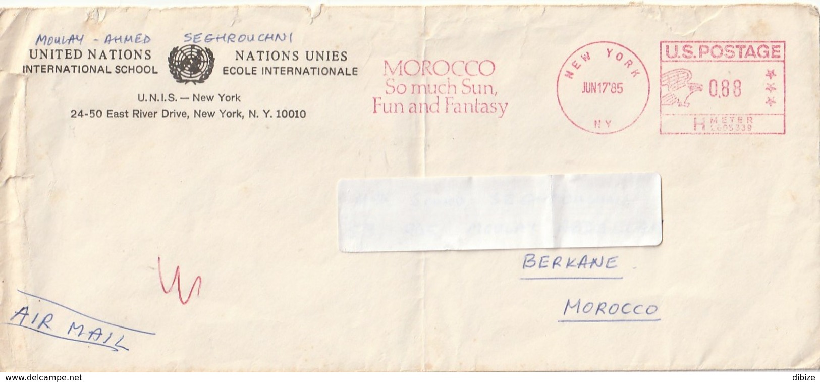 Letter United Nations. United States Mecanical Obliteration 1985. Postal Flame. Morocco So Much Sun. Fun And Fantasy. - Postal History