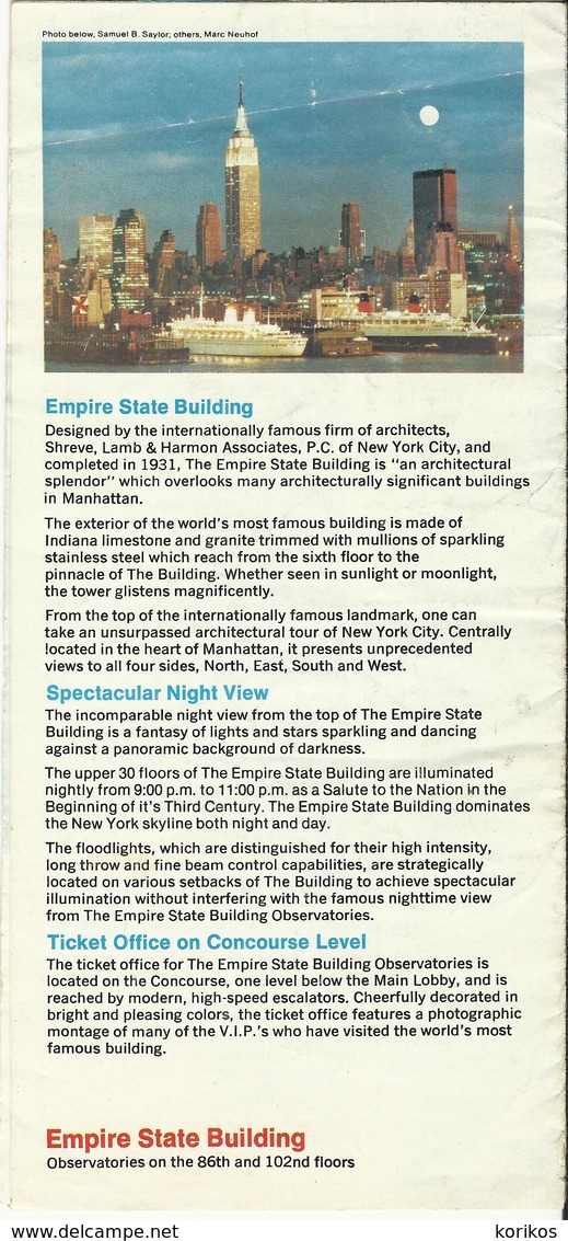 NEW YORK EMPIRE STATE BUILDING OBSERVATORY LEAFLET 70s - Amérique Du Nord