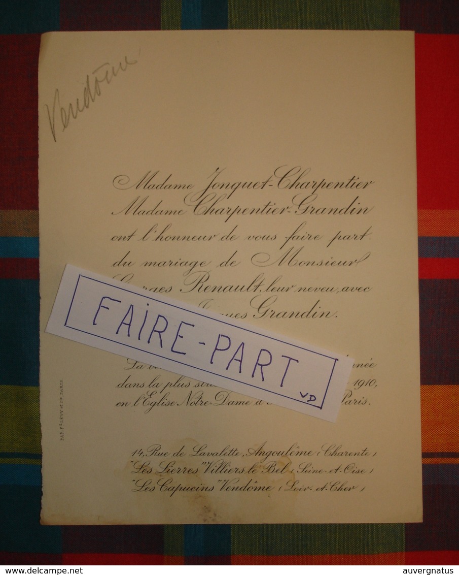 FAIRE-PART MARIAGE 1910 RENAULT # GRANDIN JONQUET Angoulême Villiers Vendôme * - Mariage