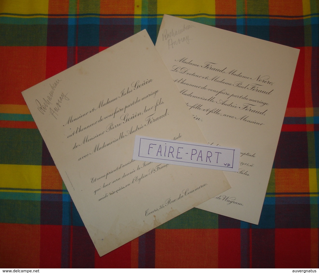 FAIRE-PART MARIAGE 1911 GOUIN # FERAUD NORERO Tours Indre-et-Loire Paris * - Wedding