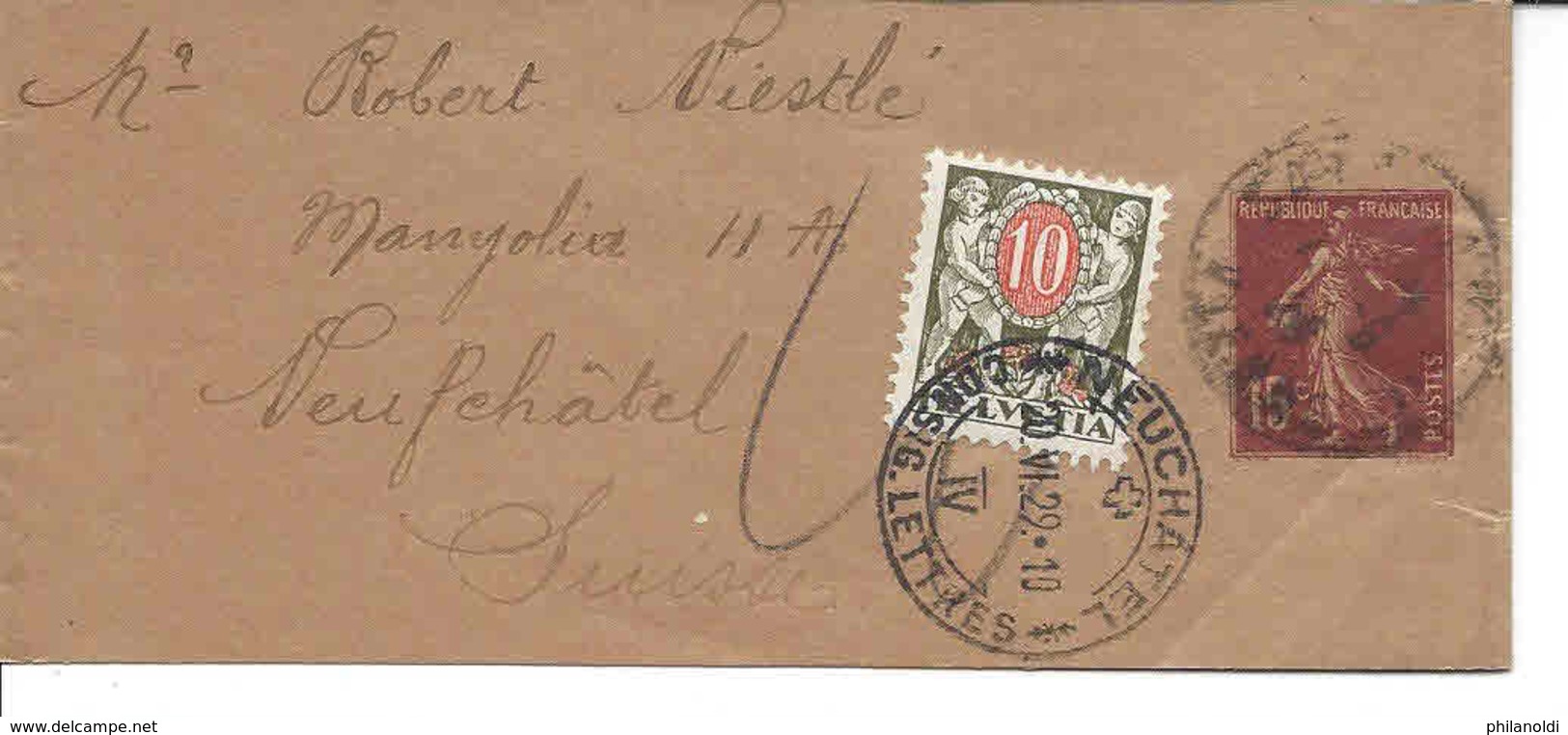 1929 Bande Journal 15 C Type Semeuse Taxée En Suisse, 10 Centimes, Neuchâtel. Schweiz. - Streifbänder