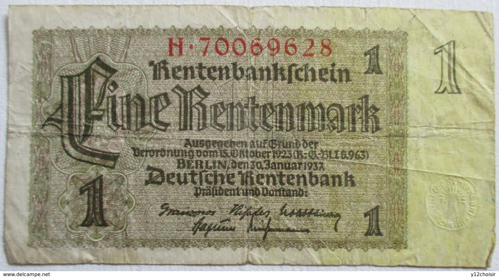 BILLET 1 EINE RENTENMARK ALLEMAGNE BERLIN 30 JANVIER 1937 TROISIEME REICH - Other & Unclassified