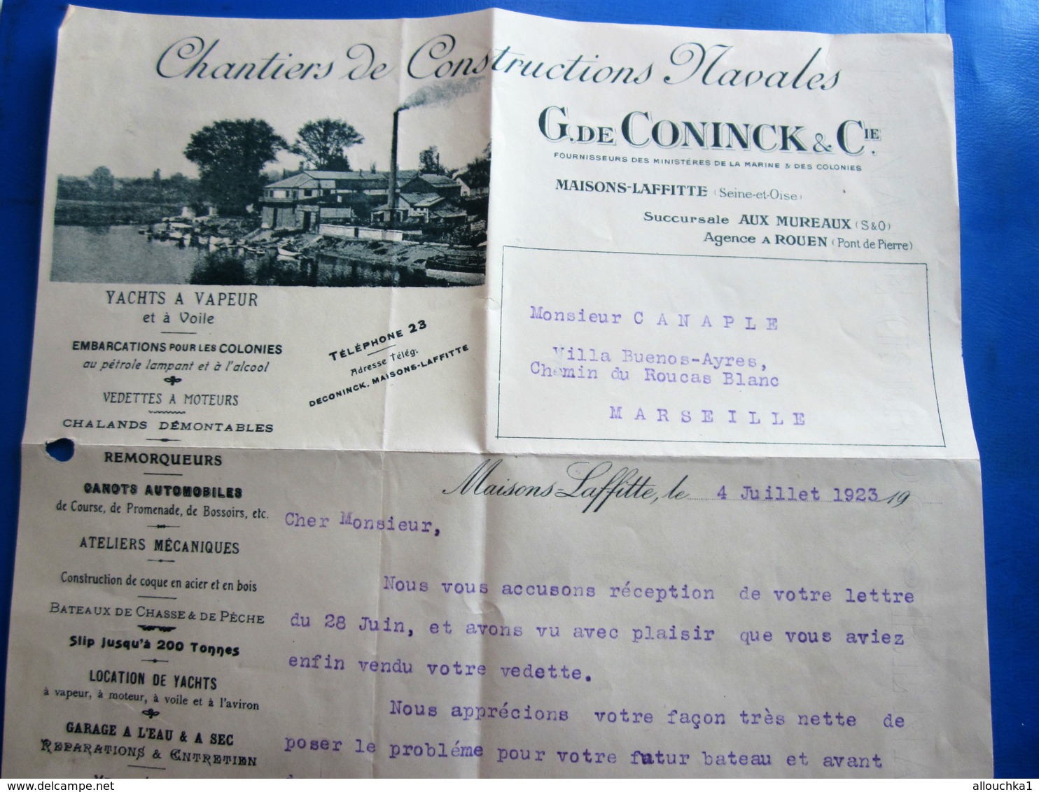 MAISON LAFFITTE CHANTIER CONSTRUCTIONS NAVALES G.de CONINK  NOTE à M. CANAPLE LETTRE ENTÊTE Facture Document Commercial - 1950 - ...