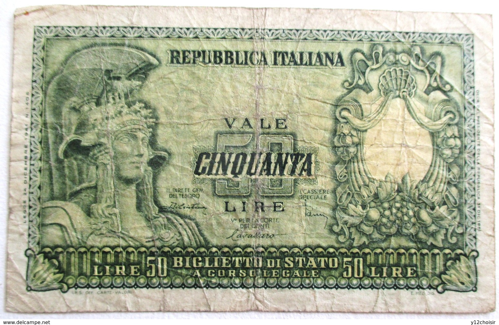 BILLET REPUBBLICA ITALIANA CINQUANTA 50 LIRE 31 DECEMBRE 1951 ITALIE ITALY - 50 Lire