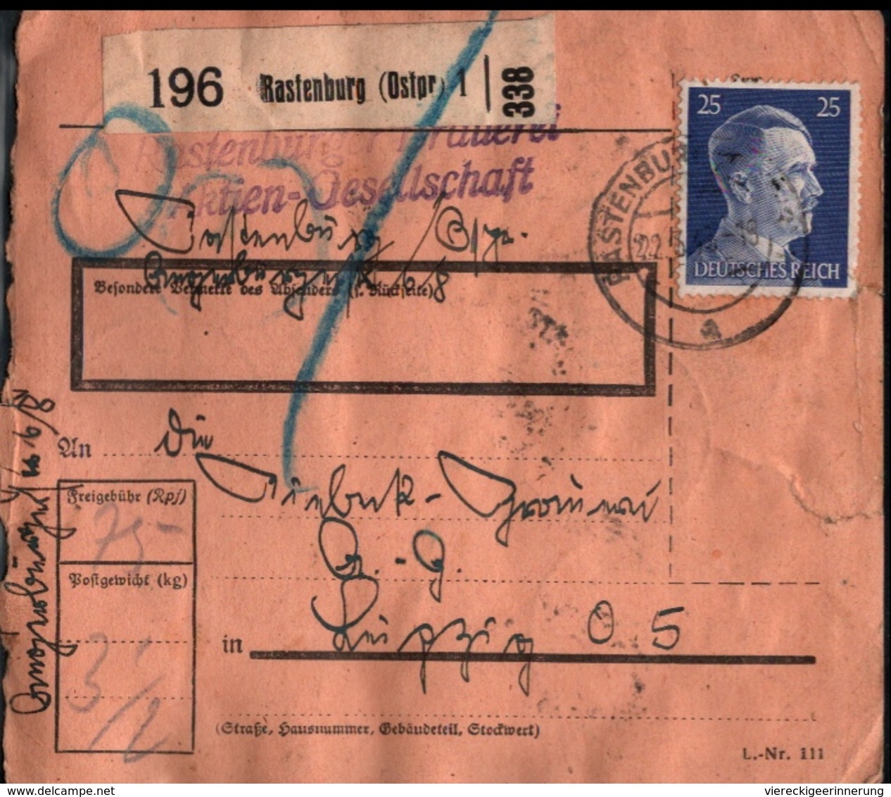 ! 1943 Paketkarte Deutsches Reich, Rastenburg In Ostpreußen Nach Leipzig, Zusammendrucke - Brieven En Documenten