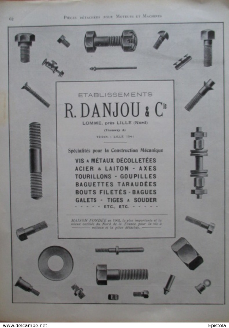 VISSERIE BOULONNERIE Ets Danjou à LOMME - Page De 1925 De Catalogue Sciences & Technique (Dims. Standard 22 X 30 Cm) - Altri Apparecchi