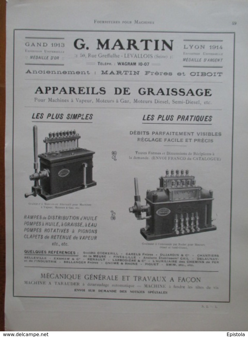 APPAREIL DE GRAISSAGE  G Martin à LEVALLOIS (92) - Page De 1925 Catalogue Sciences & Tech. (Dims. Standard 22 X 30 Cm) - Autres Appareils