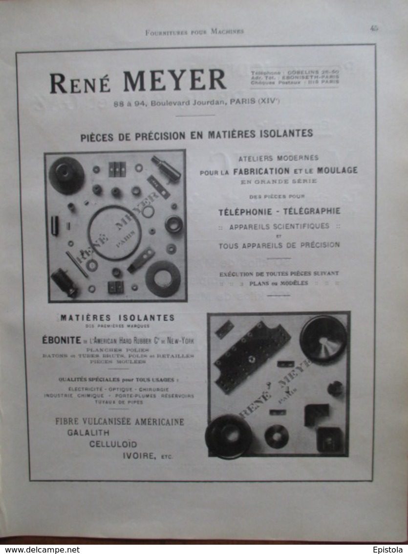 Pièces Pour TELEPHONIE TELEGRAPHE Ets Meyer - Page De 1925 Catalogue Sciences & Tech. (Dims. Standard 22 X 30 Cm) - Telefoontechniek