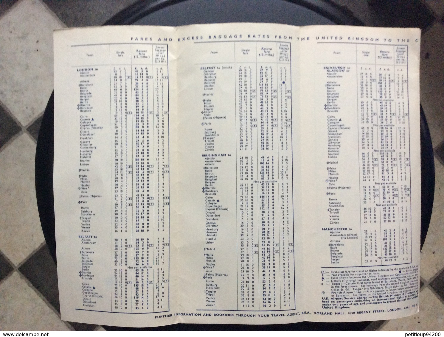 BEA HORAIRES/TIME TABLE  Annee 1956 - Orari