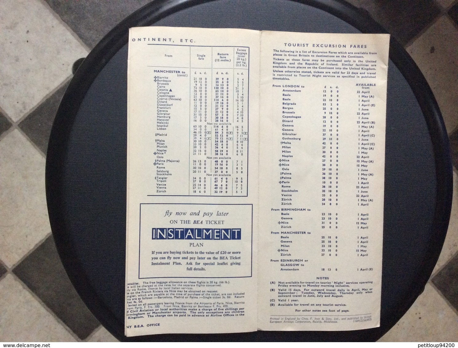 BEA HORAIRES/TIME TABLE  Annee 1956 - Horarios