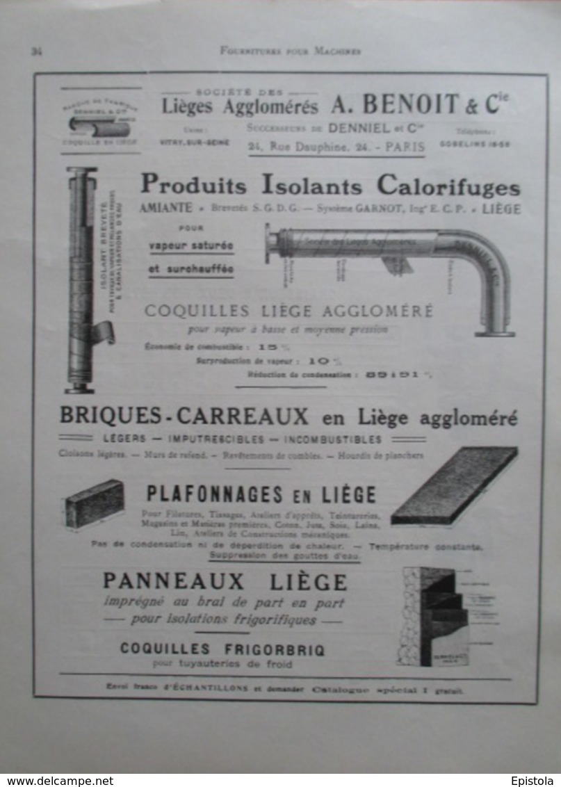 CALORIFUGE  En LIEGE  Benoit & Cie - Page De 1925 Catalogue Sciences & Tech. (Dims. Standard 22 X 30 Cm) - Autres Appareils