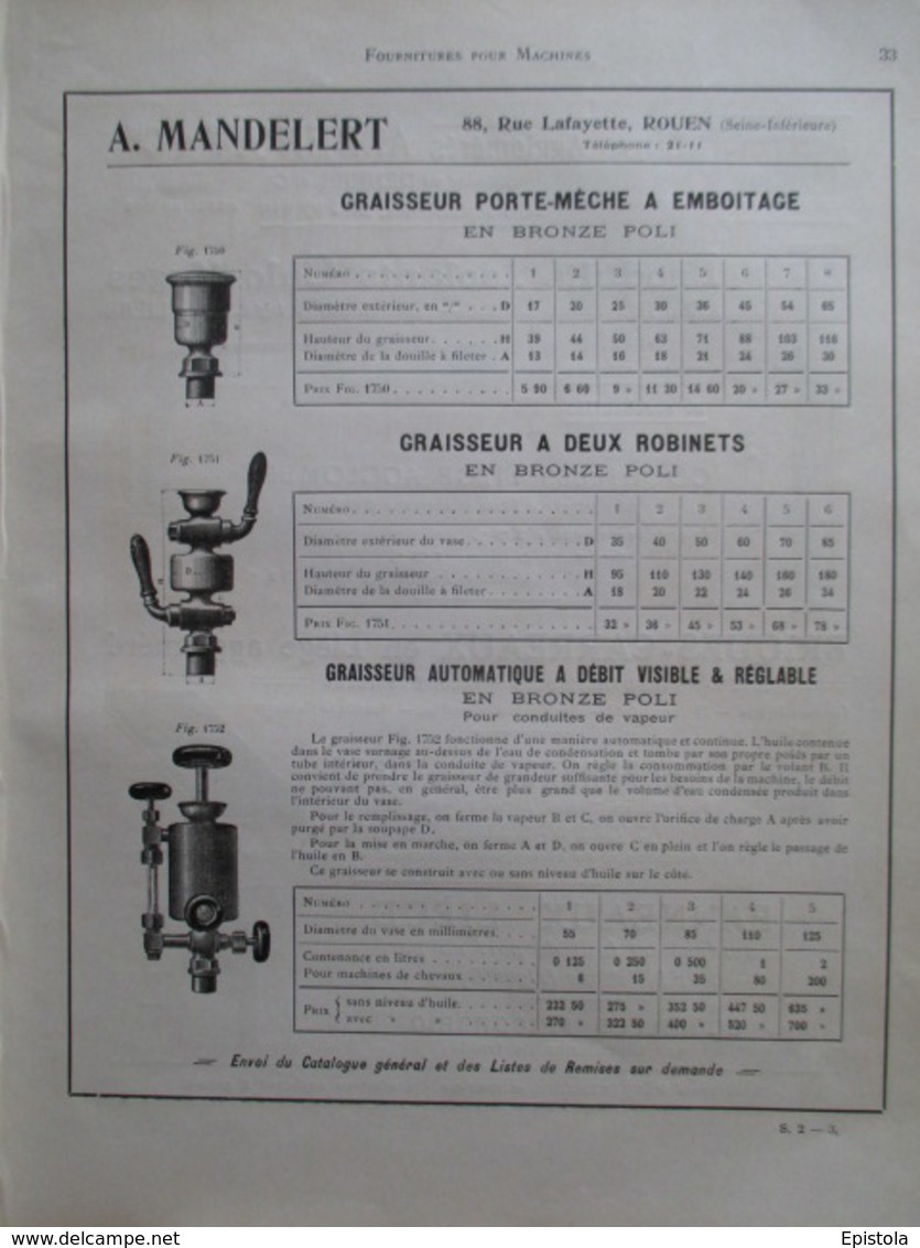 GRAISSEUR  Ets Manderlet à Rouen - Page De 1925 Catalogue Sciences & Tech. (Dims. Standard 22 X 30 Cm) - Autres Appareils