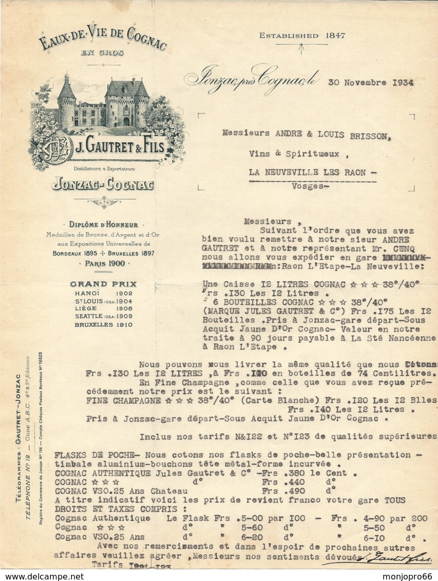 Lettre Dactylographiée De L’Eaux De Vie De Cognac En Gros JULES GAUTRET Et FILS à JONZAC Et Du 30 Novembre 1934 - 1900 – 1949