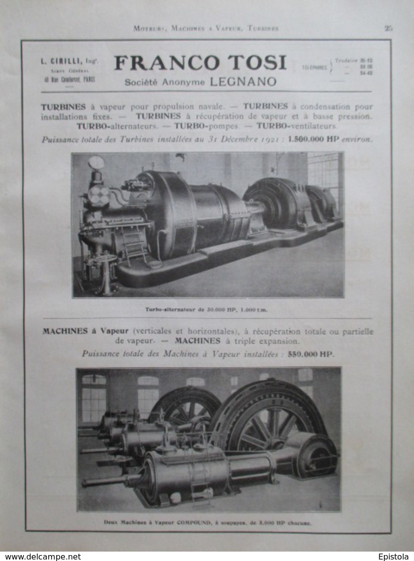 TURBO ALTERNATEUR  1000 T/m Franco Tossi  - Page De 1925 Catalogue Sciences & Tech. (Dims. Standard 22 X 30 Cm) - Other Apparatus