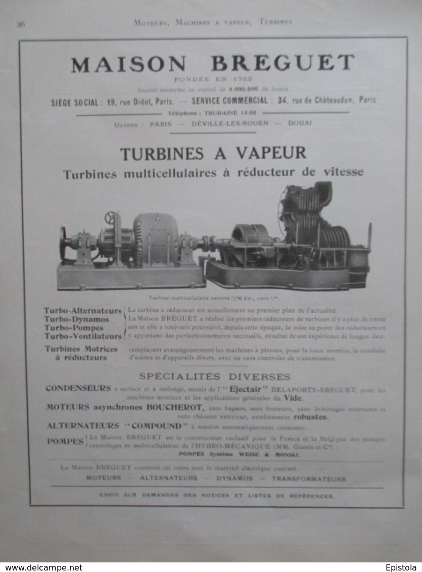 TURBINE A VAPEUR  Maison Bréguet Deville Les Rouen - Page De 1925 Catalogue Sciences & Tech. (Dims. Standard 22 X 30 Cm) - Andere Toestellen