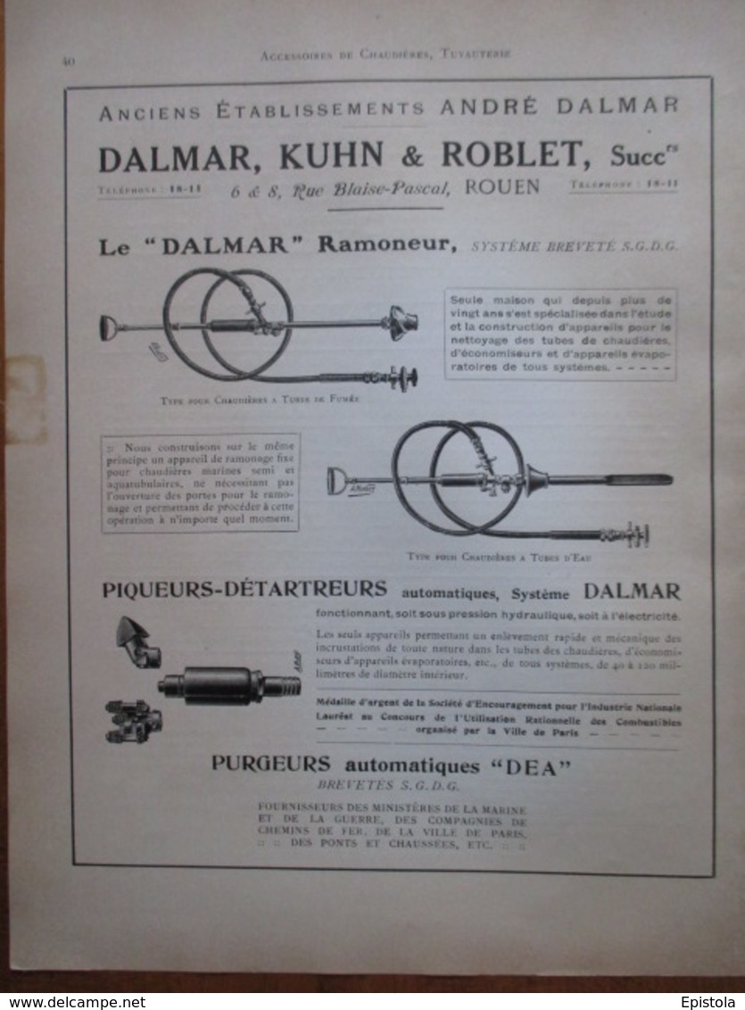RAMONEUR DE CHAUDIERE  Dalmar Kuhn & Roblet à Rouen- Page De 1925 Catalogue Sciences & Tech. (Dims. Standard 22 X 30 Cm) - Andere Toestellen