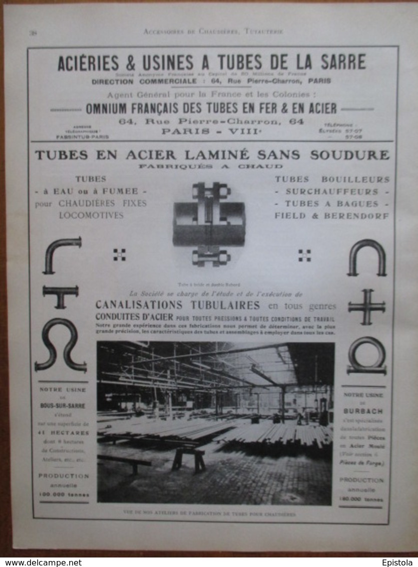 TUBE ACIER  Locomotive Bous Sous Sarre & Burbach - Page De 1925 Catalogue Sciences & Tech. (Dims. Standard 22 X 30 Cm) - Andere Geräte