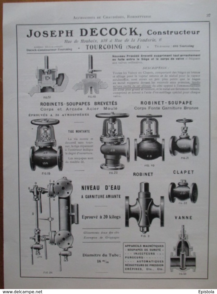 ROBINET SOUPAPE  Decock à Tourcoing  - Page De 1925 Catalogue Sciences & Tech. (Dims. Standard 22 X 30 Cm) - Autres Appareils