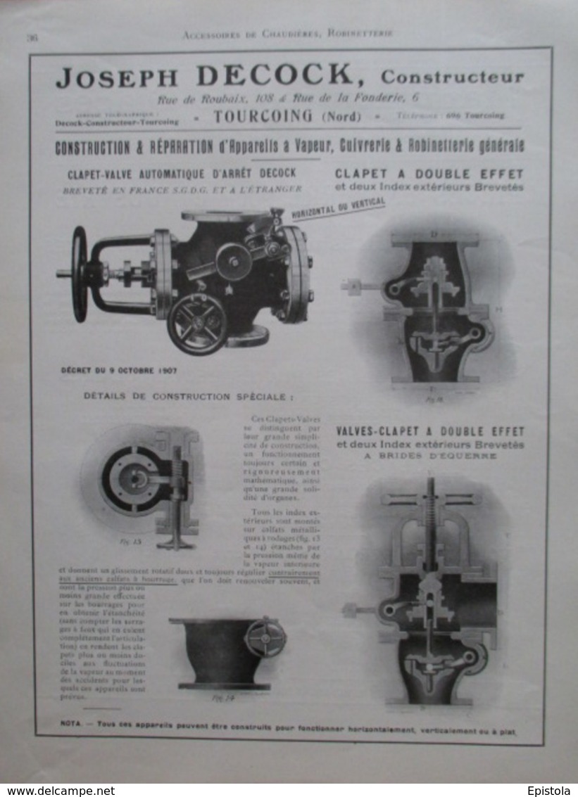 CLAPET VALVE   Decock à Tourcoing  - Page De 1925 Catalogue Sciences & Tech. (Dims. Standard 22 X 30 Cm) - Other Apparatus