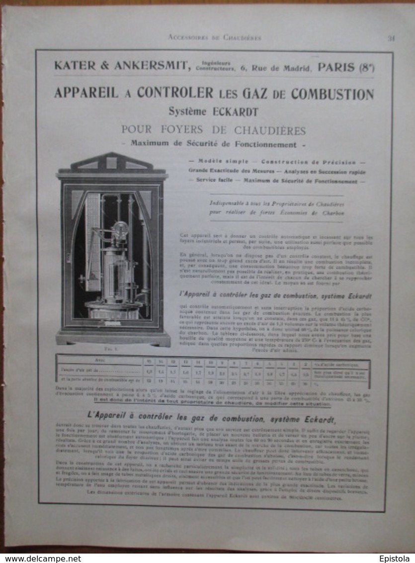 CONTROLEUR Gaz De Combustion  - Page De 1925 Catalogue Sciences & Tech. (Dims. Standard 22 X 30 Cm) - Other Apparatus