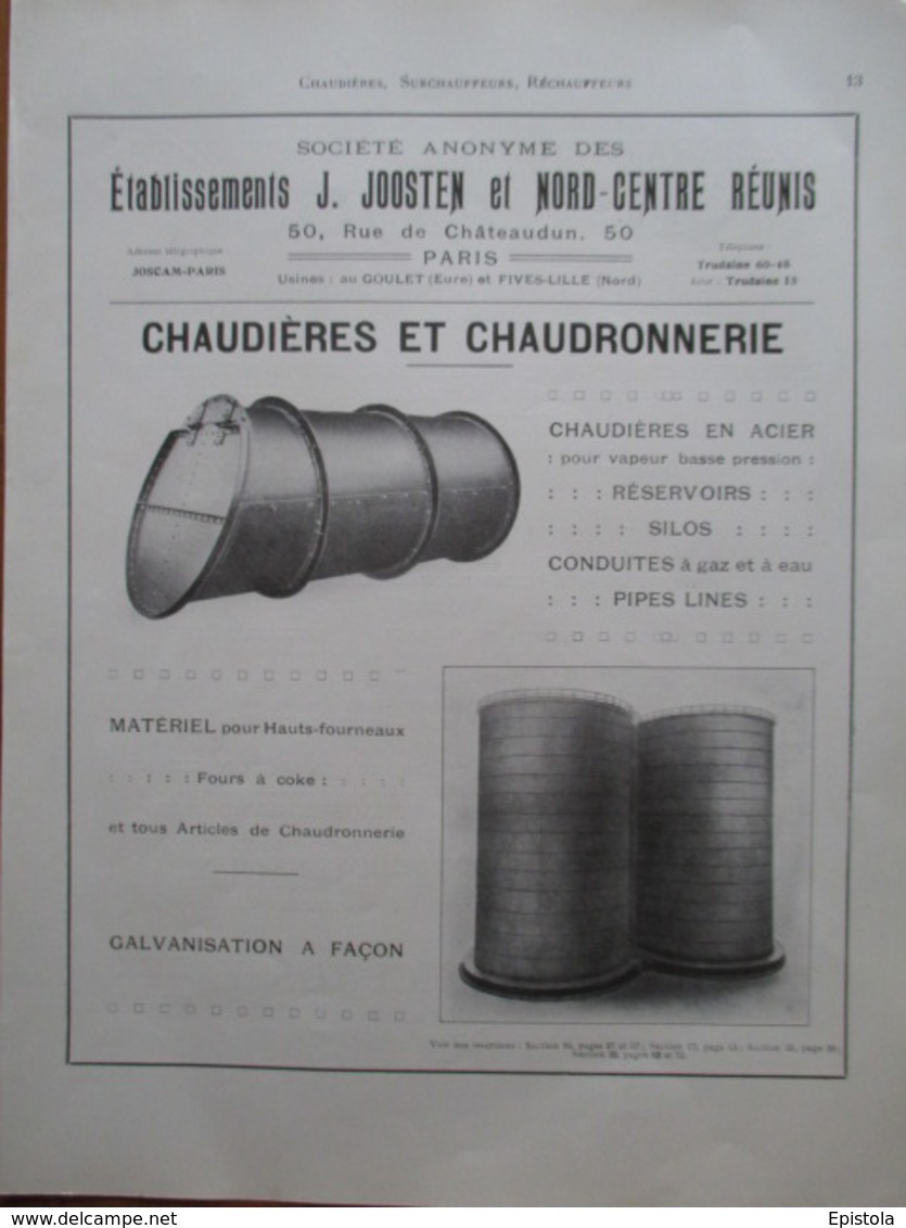 RESERVOIR CHAUDIERE Ets Joosten Fives Lille Goulet - Page De 1925 Catalogue Sciences & Tech. (Dims. Standard 22 X 30 Cm) - Other Apparatus