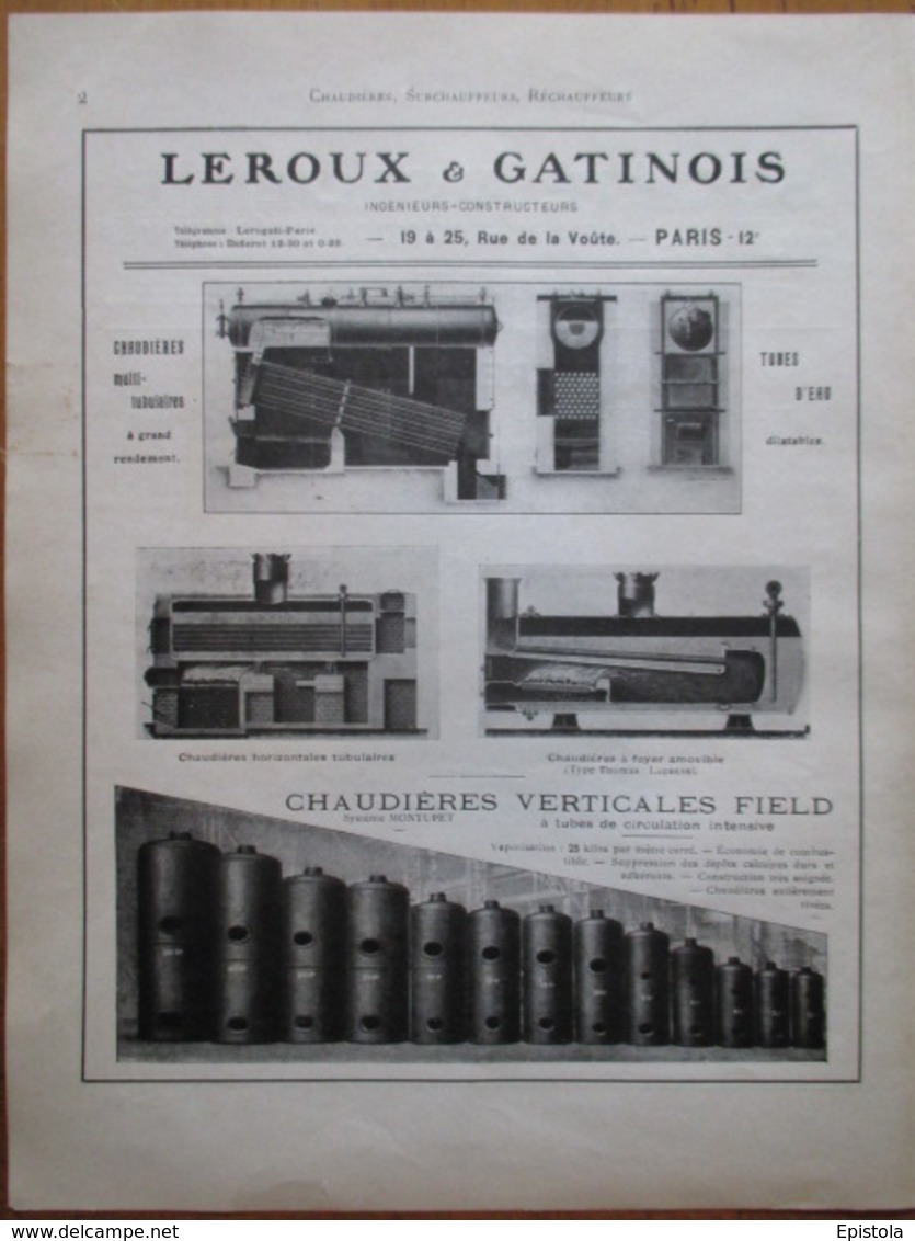 CHAUDIERE Verticale & Horizontale Leroux Gatinois -  Page De 1925 Catalogue Sciences & Tech. (Dims. Standard 22 X 30 Cm) - Maschinen