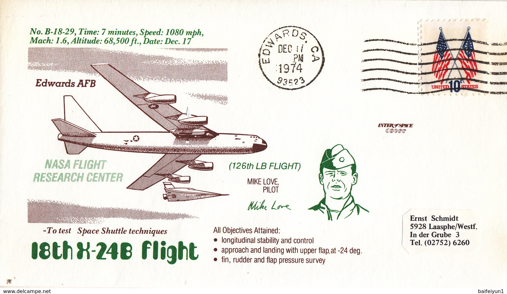 USA 1974  NASA Flight Research 18th X-24B Flight  Commemorative Cover - North  America