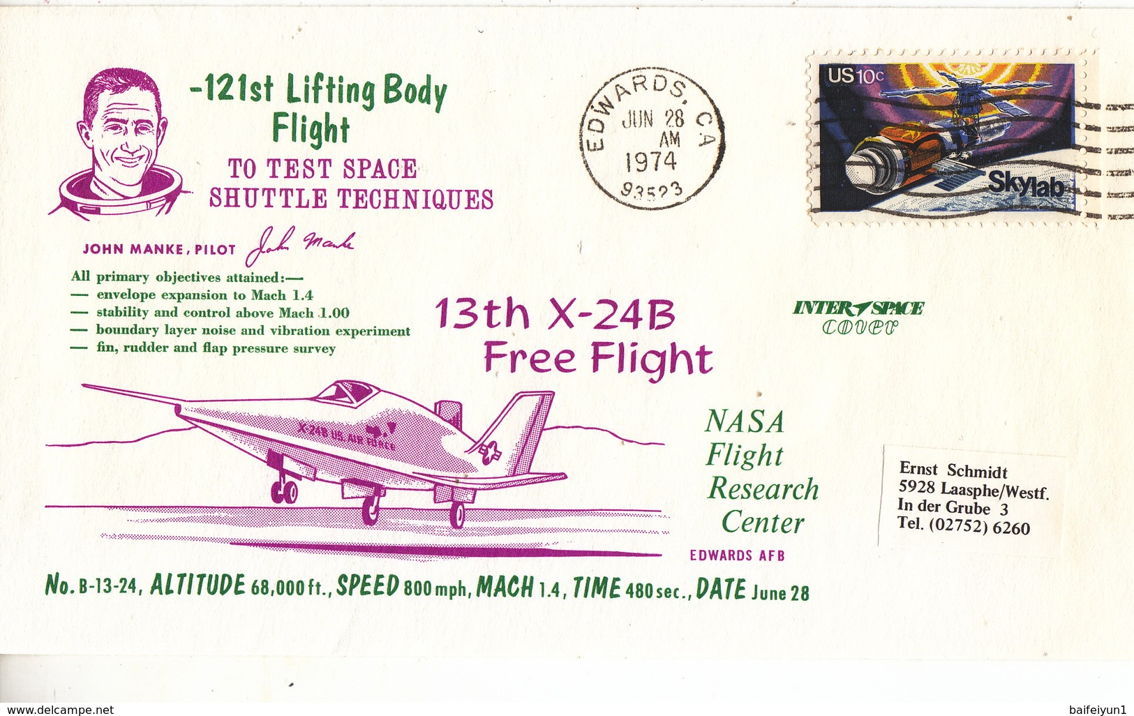 USA 1974  NASA Flight Research Center 13th X-24B Free Flight  Commemorative Cover - North  America