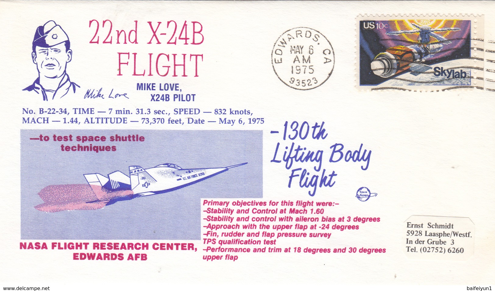 USA 1975  NASA Flight Research Center 22nd X-24B  Flight  Commemorative Cover - North  America
