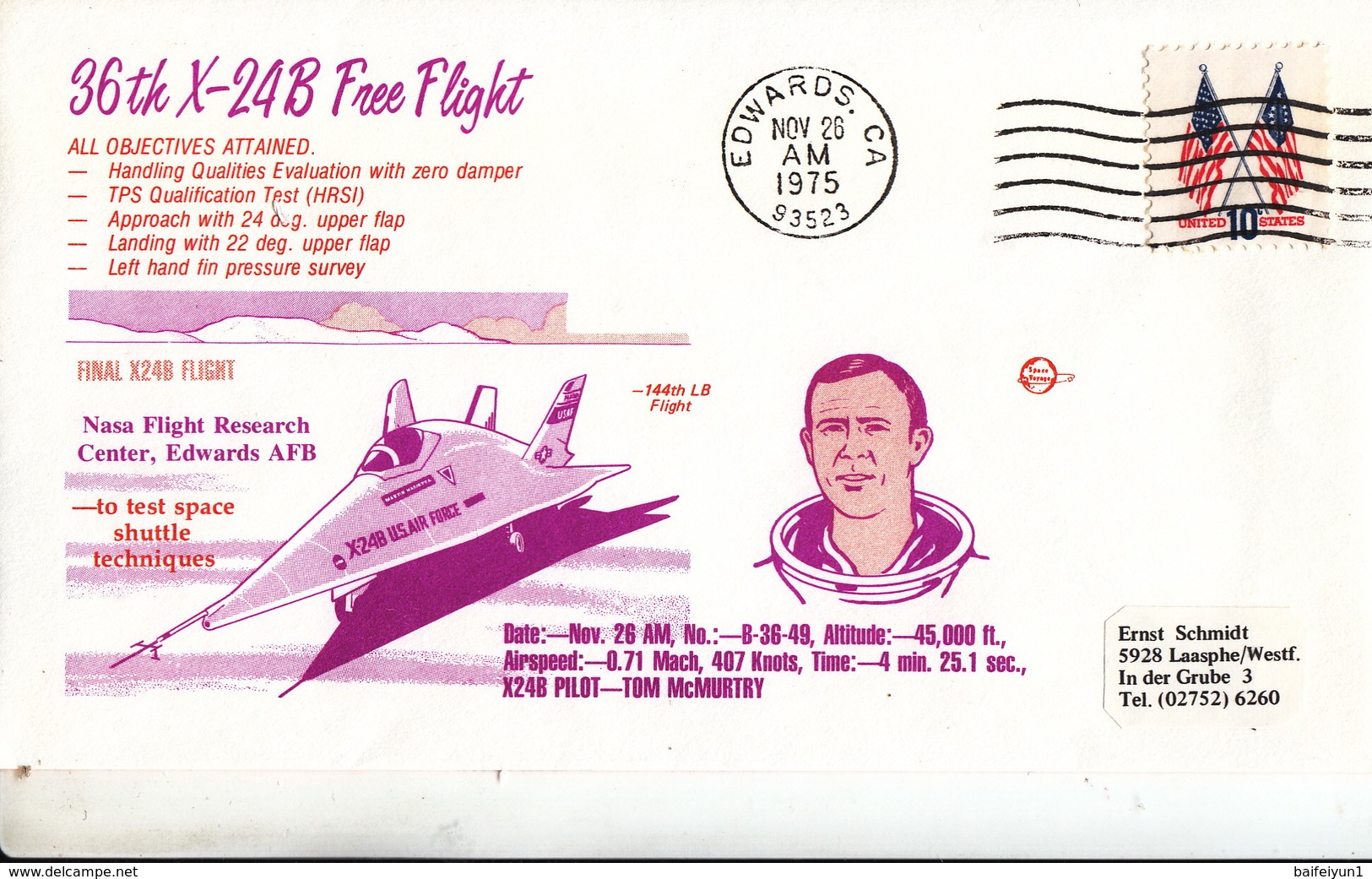 USA 1975  NASA Flight Research Center 36th X-24B Free Flight  Commemorative Cover - North  America