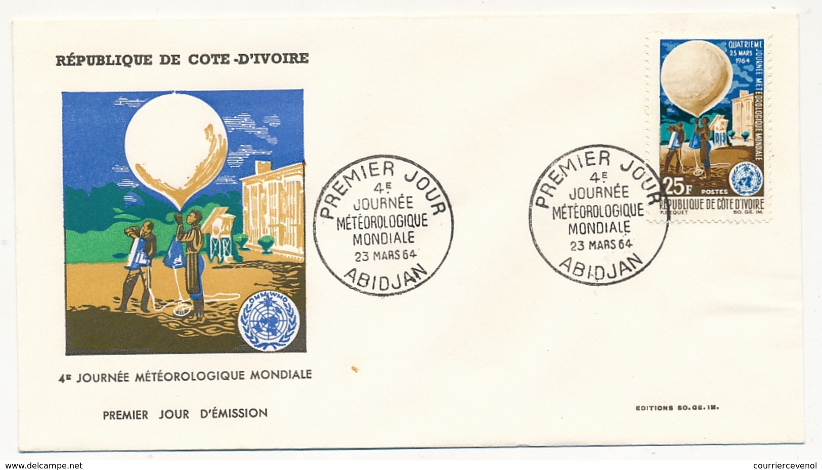 Côte D'Ivoire => Enveloppe FDC - 25f 4eme Journée Météorologique Mondiale  - ABIDJAN - 23 Mars 1964 - Côte D'Ivoire (1960-...)